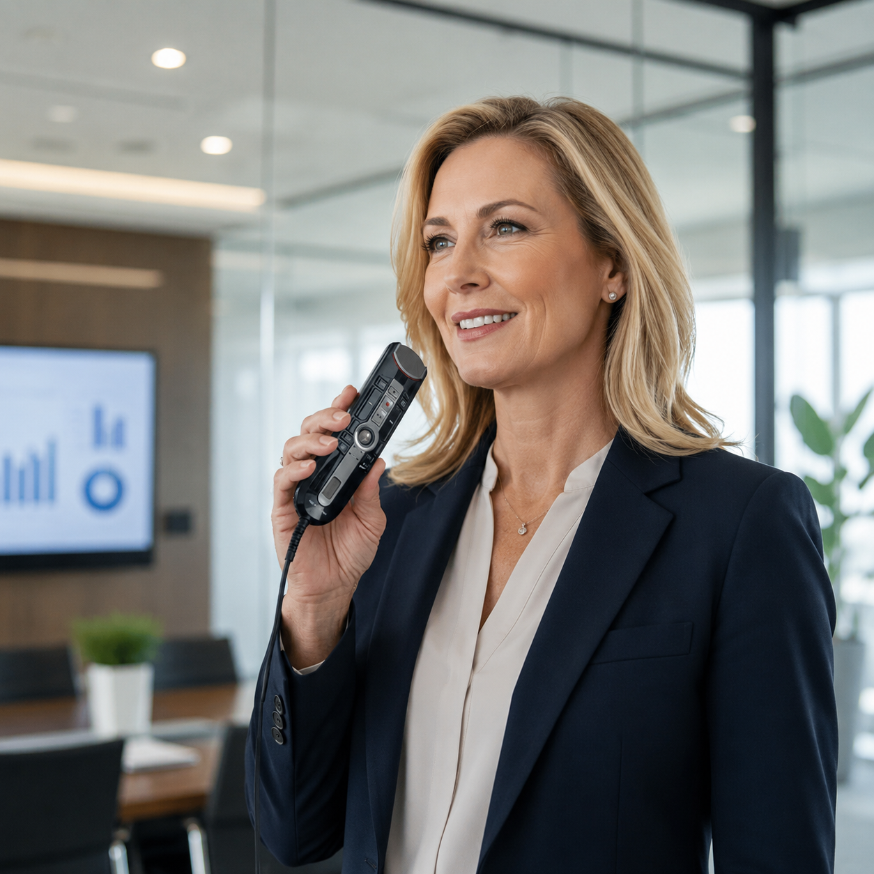 Eine Anwenderin diktiert Text in ein mobiles Diktiergerät